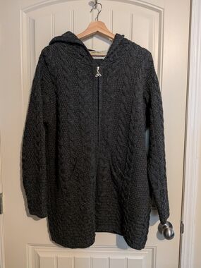 Aran Crafts 100% Merino Wool Charcoal Hooded Cable Knit Zipper Cardigan